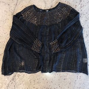 Navy Blue Metallic Weave Peasant Blouse